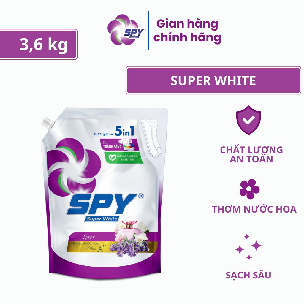 Nước Giặt Xả 5in1 Spy Luxor Super White Tím 3.6kg – Giặt Trắng Sáng, Lưu Hương Lâu, Chống Bám Bẩn