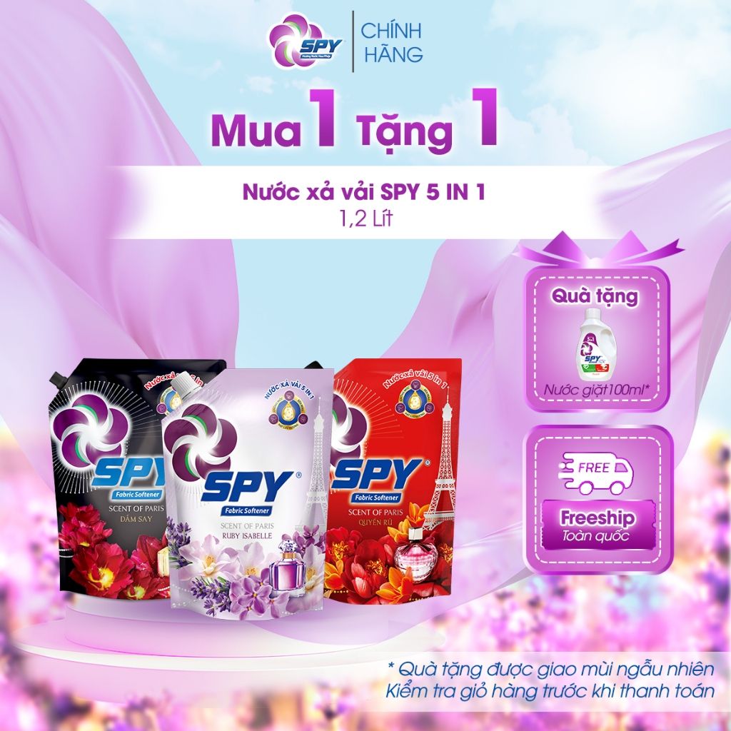 Nước xả vải Spy 5 trong 1 công nghệ hạt lưu hương, chống mốc, hương đắm say 1,2L