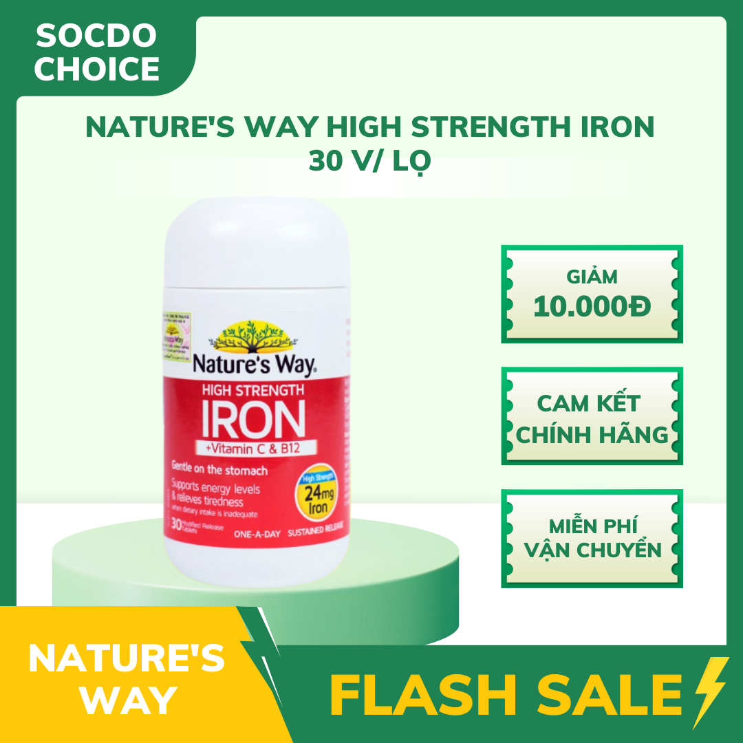 Viên bổ sung sắt hữu cơ Nature's Way High Strength Iron, hộp 30 viên, bổ sung sắt, hỗ trợ thiếu máu