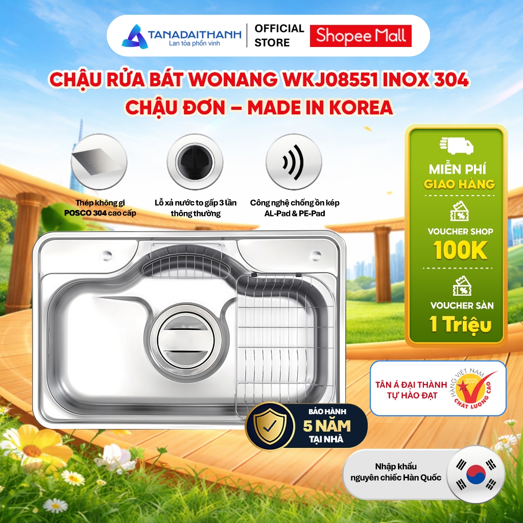 Chậu Rửa Bát Wonang Tân Á Đại Thành WKJ08551 Inox 304 Nhập Khẩu Hàn Quốc, không hố phụ